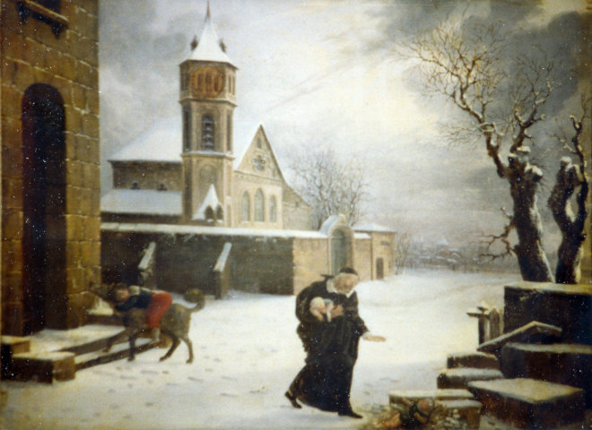 St. Vincent de Paul searching for infants in the snow.