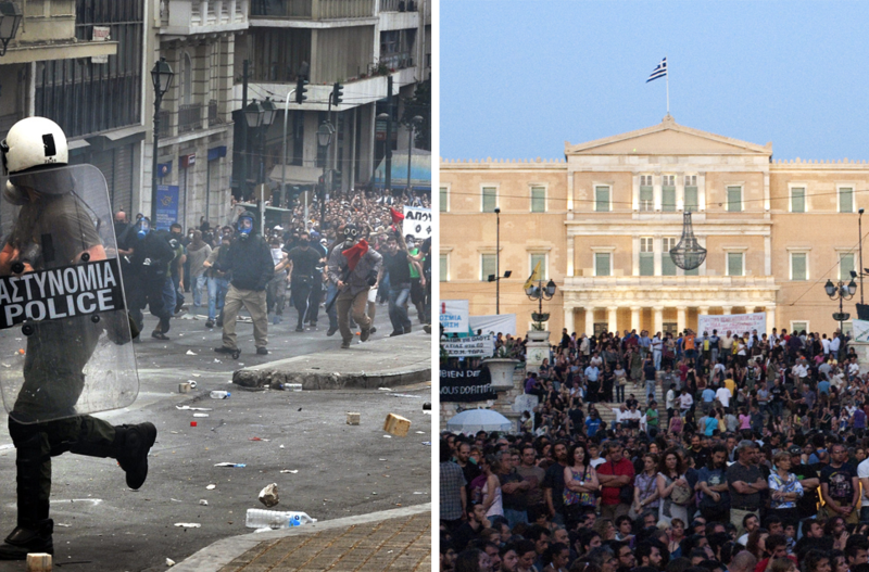 The protests of 2010 in Greece on the left and in 2011 on the right. Photo by Philly boy92.