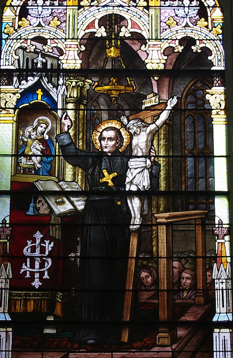 Stained glass window of St. Gaspar del Bufalo preaching a mission. Photo taken by Nheyob at St. Henry Catholic Church in St. Henry, Ohio.