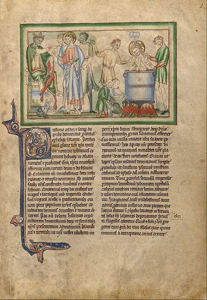 Emperor Domitian Speaking to Saint John the Evangelist and Saint John the Evangelist in a Vat of Boiling Oil.