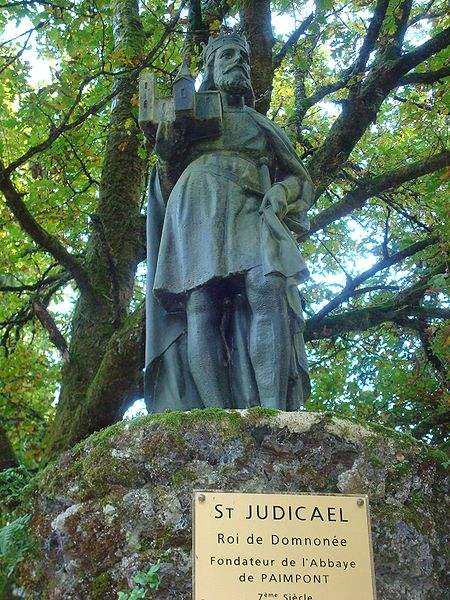 Statue of St. Judicael in the Paimpont, France, where St. Judicael founded Notre-Dame de Paimpont Abbey. Photo by Ex-Smith.
