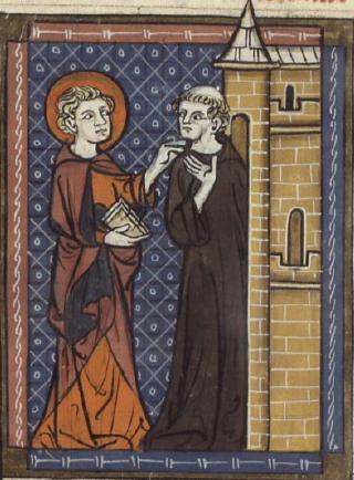 Saint Fursey and the monk; from a 14th-century manuscript.