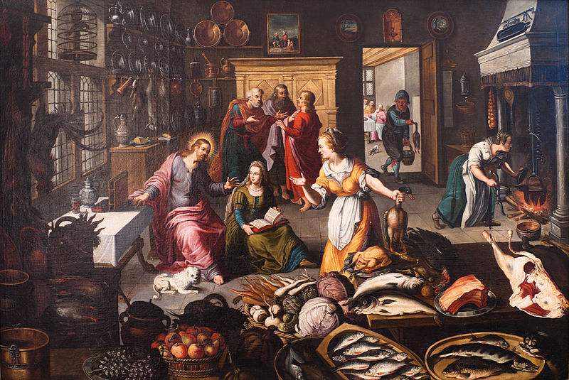 Jesus in the house of Martha and Mary. (Luke 10:38-42) Painting by Joos Goemare