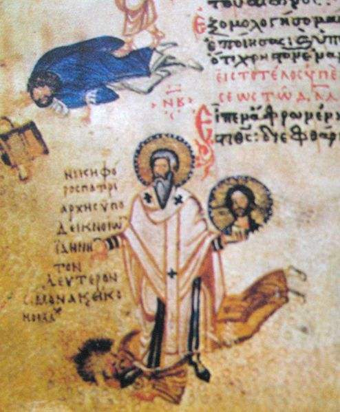 St. Nikephoros I of Constantinople trample on John VII of Constantinople, who is laying on the ground with coins/ Miniature from Chludov Psalter. Above - fragment of apostle Peter trampling Simon the Magi.