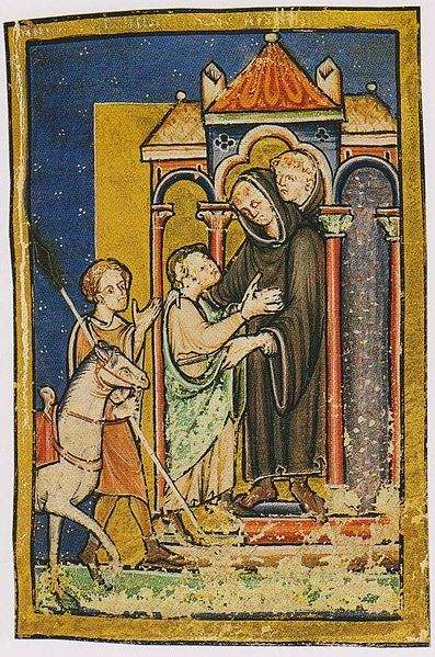 A miniature in the British Library Yates Thomson MS 26, Bede's Prose Life of St Cuthbert, depicting St. Cuthbert's meeting with Boisil at Melrose.