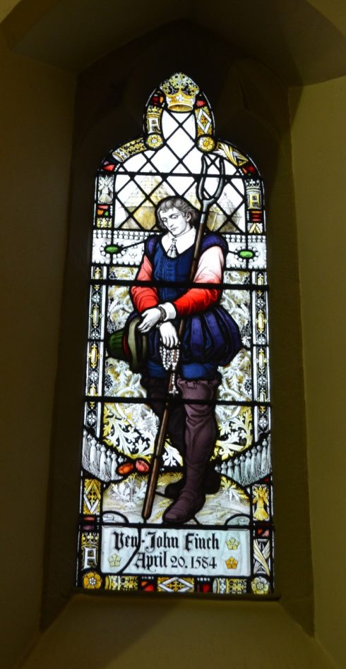 A stained glass window in St. Mary’s Catholic Church in Chorley, England. Permission to use by Roberta Estes.