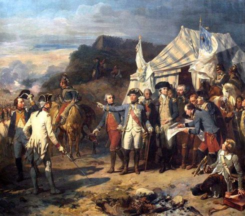 Painting of the Siege of Yorktown (1781) by by Auguste Couder. Marshal Rochambeau and George Washington giving their last orders before the battle.