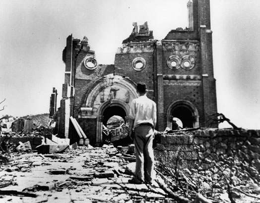 Urakami Cathedral after the bomb. Only 500 feet from the hypocenter of the blast stood the original Urakami Cathedral, a center for Nagasaki’s Catholic community. Catholic missionaries first came to Nagasaki in the 16th century, and within several decades hundreds of thousands of people in Southwestern Japan were practicing Catholics.