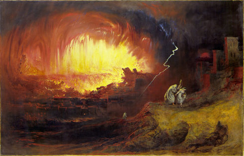 The Destruction of Sodom and Gomorrah, with Lot and his family fleeing. Painted by John Martin.