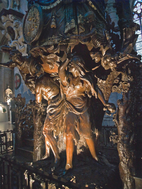 Adam and Eve expelled from Eden, detail of the pulpit carved by Hendrik Frans Verbruggen (1699), St. Michael and St. Gudula Cathedral, Brussels, Belgium. Photo taken by Myrabella