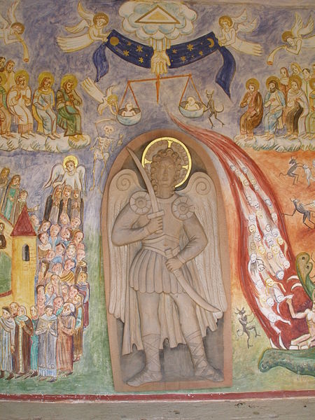 Černý Důl, the interior of the St. Michaels Chapel, with St. Michael in the middle and those being thrown into hell on his left.