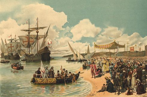 The departure of Vasco da Gama to India in 1497. Painting by Alfredo Roque Gameiro.
