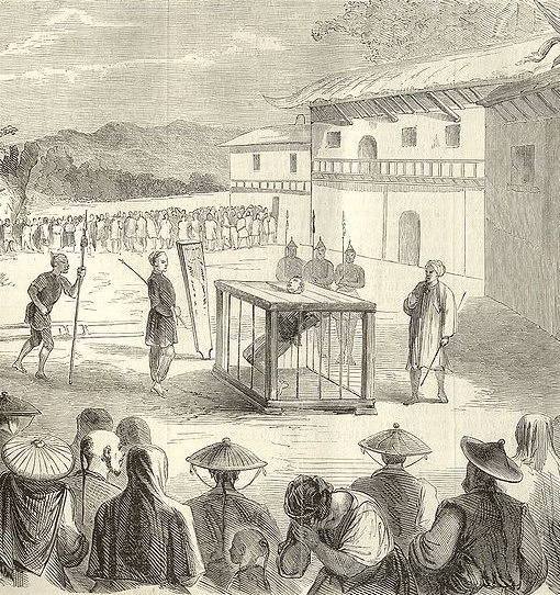Drawing showing Fr. Auguste Chapdelaine's marytyrdom. He was severely beaten and locked into a small iron cage, which was hung at the gate of the jail. 