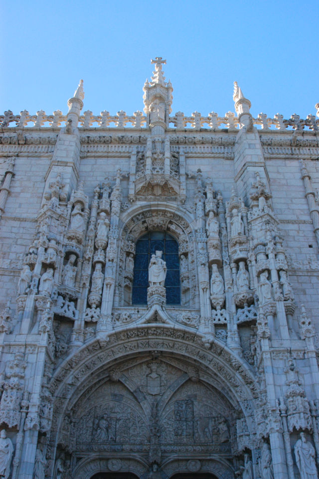 Statue of Our Lady of Belém over the South Portal entrance to Jerónimos Monastery where Vasco da Gama spent the night praying before leaving for India.
