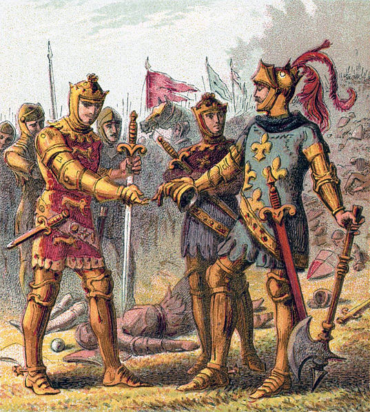 Edward, the Black Prince, accepts the surrender of John II of France at the Battle of Poitiers.