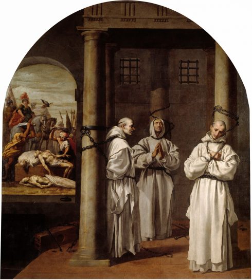 The hanging, disemboweling, and quartering of the last remaining survivors is picture on the left. Painting by Vicente Carducho.