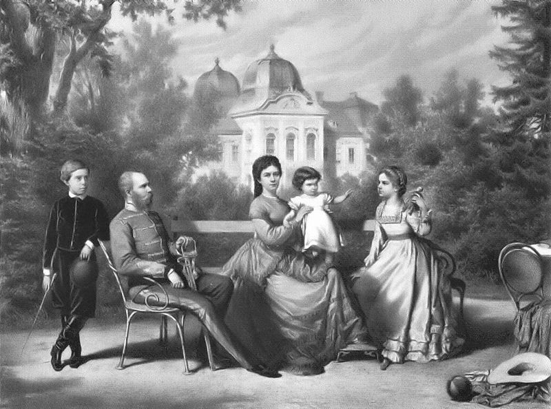 A lithograph of King Franz Joseph and Queen Elisabeth, with their children Rudolf (1858); Marie Valerie (1868) and Gisela (1856).