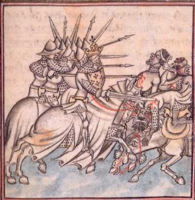 Knights charge Muslims, from The Chronicles of France and St-Denis, fifteenth century.