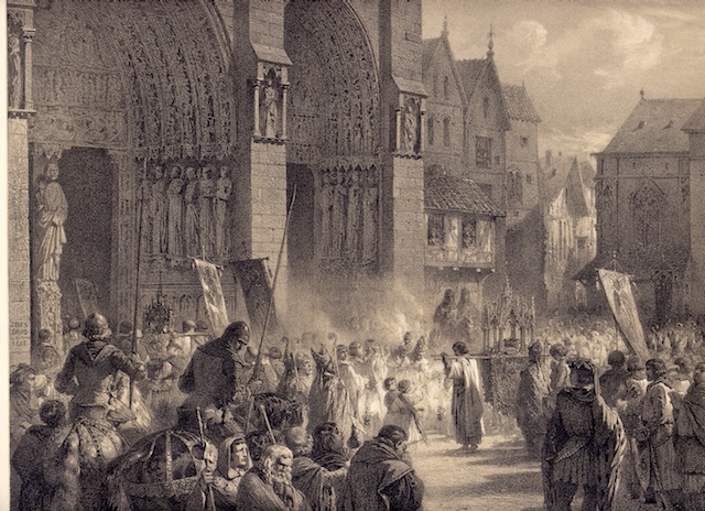 King St. Louis IX, carrying the Crown of Thorns from the Holy Land, and bears it in procession to Notre Dame, Paris, August 18, 1239.
