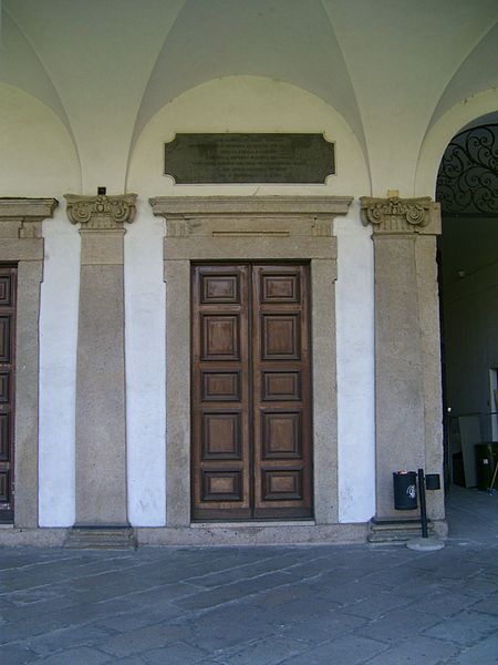 1983 plaque on the facade of the Chapel of "Santissima Annunziata" at the Università Statale (State University) in Milan, Italy. It commemorates the fact that Saint Camillus de Lellis worked here when this building housed a hospital.
