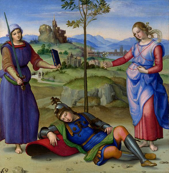 Vision of a Knight by   Raphael is an example of Proto-Renaissance art, which was during the decline of the Middle Ages and the start of the Renaissance.