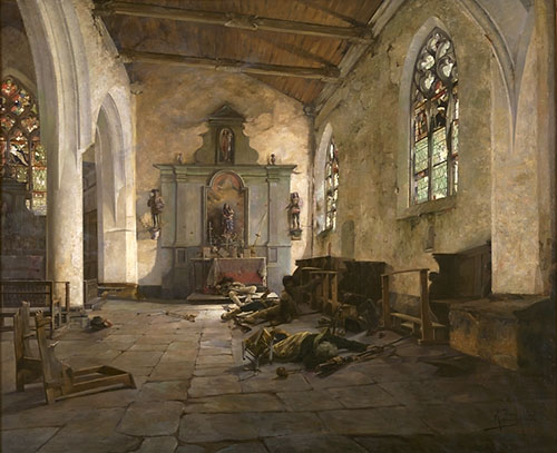 A section from a Republican regiment led by general Canclaux massacred a group of Chouans sheltering in a chapel. The Chouans fought to the death. The picture shows the interior of the chapel after the departure of the Republican troops (whose storming of the building is symbolized by the hat with the tricolor cockade left abandoned on the ground). The dead bodies and broken church furnishings testify to the violence of the action. Painting by Alexandre Bloch.