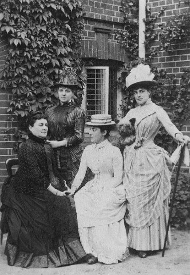 Jerome sisters, Clara, Jennie and Leonie. Jennie Jerome, later became Lady Randolph Churchill, with her mother and sisters (b/w photo) by English Photographer, (19th century); black and white photograph; Private Collection; (add. info.: Jennie Jerome (1854-1921) Lady Randolph Churchill, American born society hostess and writer, shown on the right holding her dog; mother of Winston Churchill (1874-1965) British Prime Minister); English, out of copyright