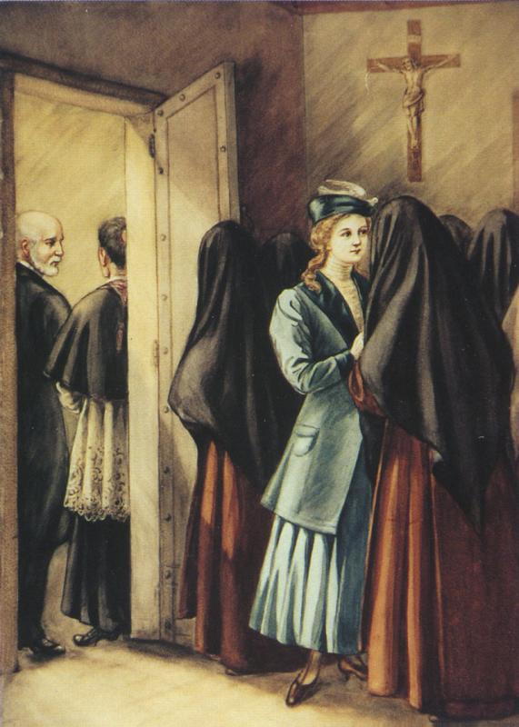 St. Thérèse’s entrance into Carmel through the convent door. Her father is outside with Canon Delatroette.