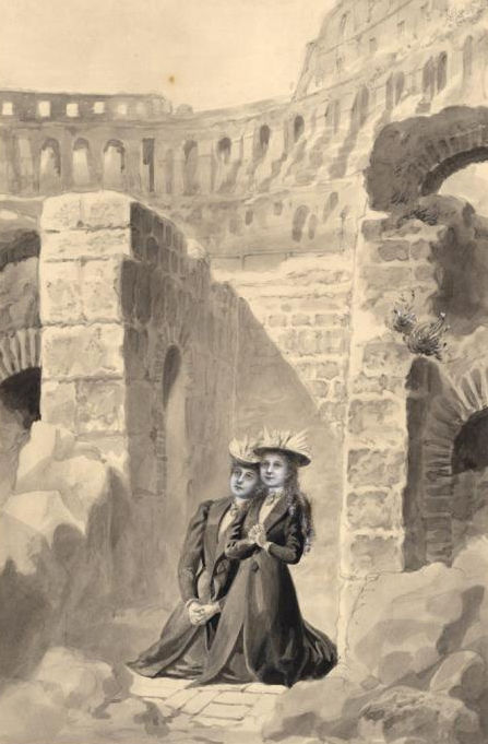In the Roman Coliseum with Céline - wash by Charles Jouvenot.