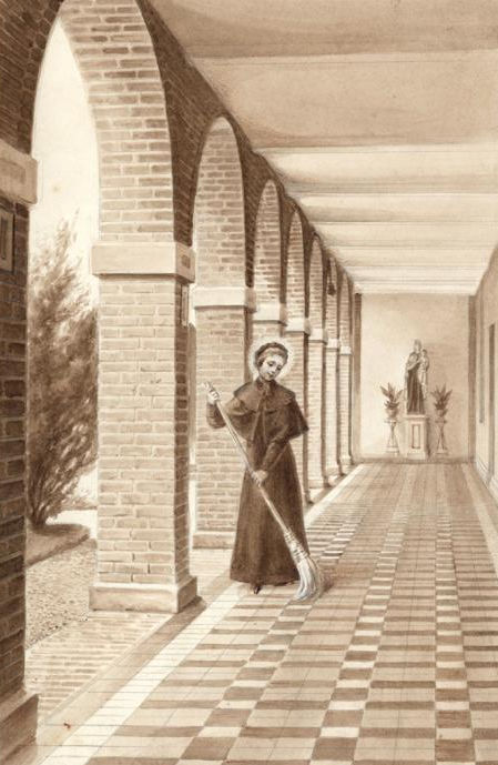 St. Thérèse as postulant, sweeping the cloister - wash by Charles Jouvenot.