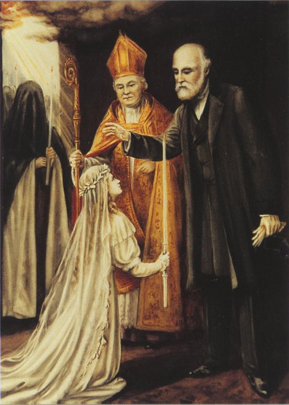 St. Thérèse at the enclosure door on the day of taking the habit. Painting by Blanchard, retouched by Céline