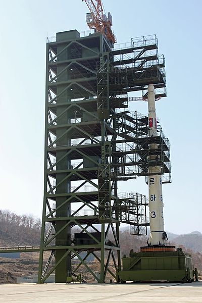 North Korea's Unha-3 rocket ready to launch at Tangachai-ri space center on April 8, 2012.